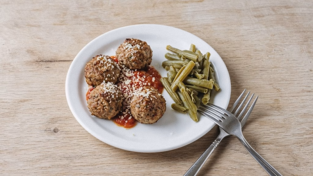 Four small baked lean turkey meatballs with marinara on a small plate