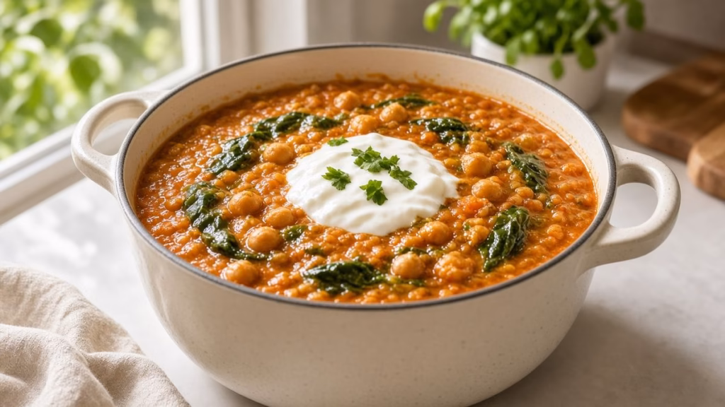 Red lentil and chickpea curry, a high-protein vegetarian dinner