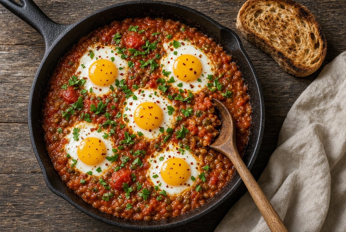 Lentil and egg shakshuka in a cast-iron skillet with eight eggs set in a thick tomato and lentil sauce, topped with chopped parsley