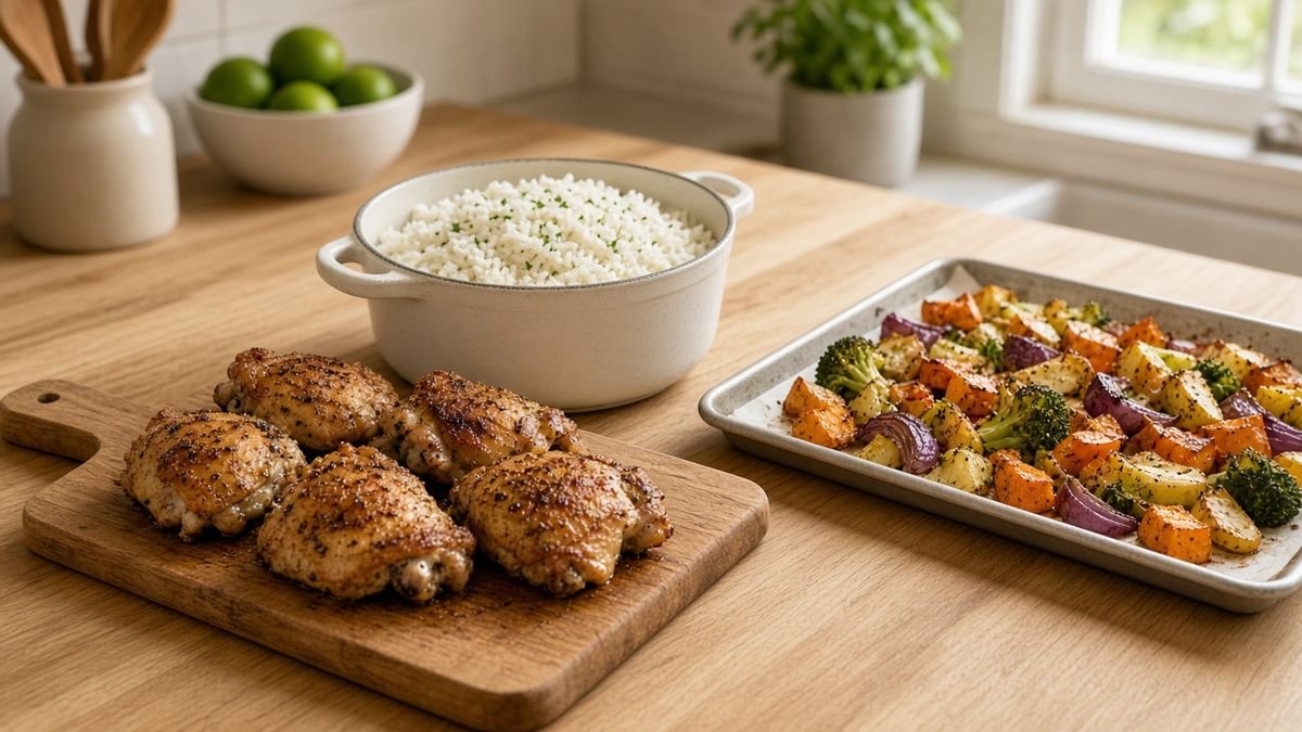 Meal prep components: cooked chicken, rice and roasted vegetables