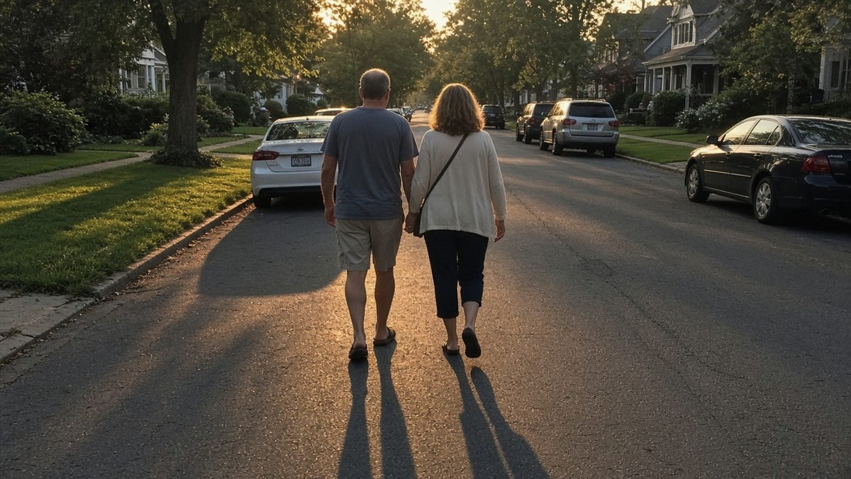 Couple taking an after-dinner walk on a quiet neighborhood street to add more steps