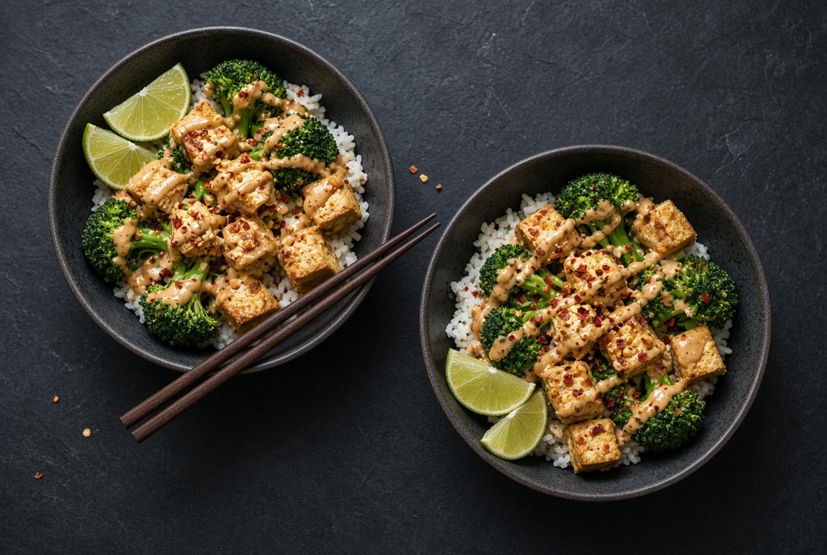 Two rice bowls with golden cubes of crispy tofu, steamed broccoli and a drizzle of peanut sauce, with lime wedges