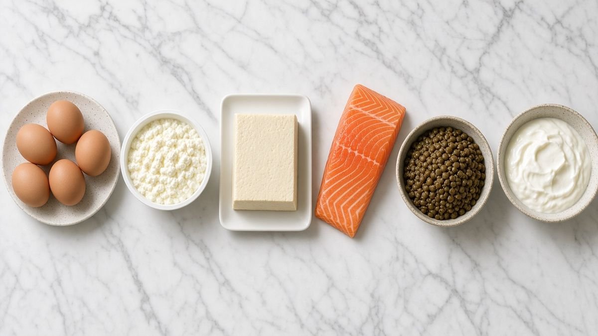 High-protein foods including eggs, tofu, salmon, lentils and cottage cheese