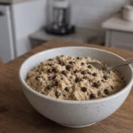 Small ceramic bowl of thick tan protein cookie dough with visible mini chocolate chips and a spoon resting in it, on a wooden table