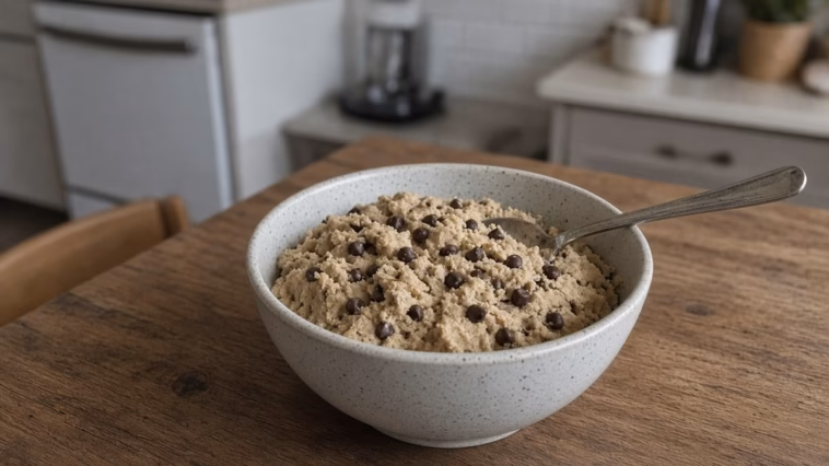 Small ceramic bowl of thick tan protein cookie dough with visible mini chocolate chips and a spoon resting in it, on a wooden table