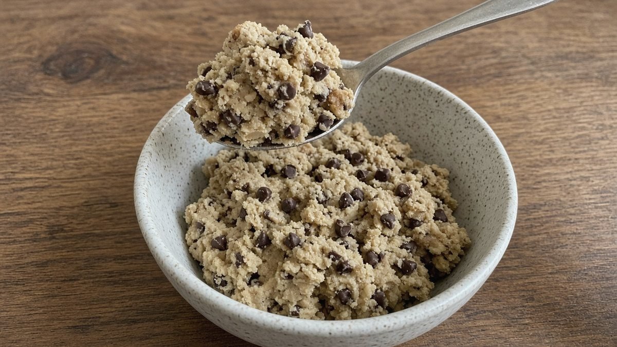 Close-up of a spoonful of cookie dough with mini chocolate chips, the spoon resting on the rim of a small bowl