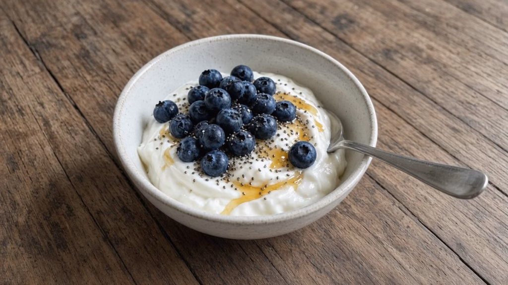 Small protein Greek yogurt bowl topped with blueberries and chia seeds