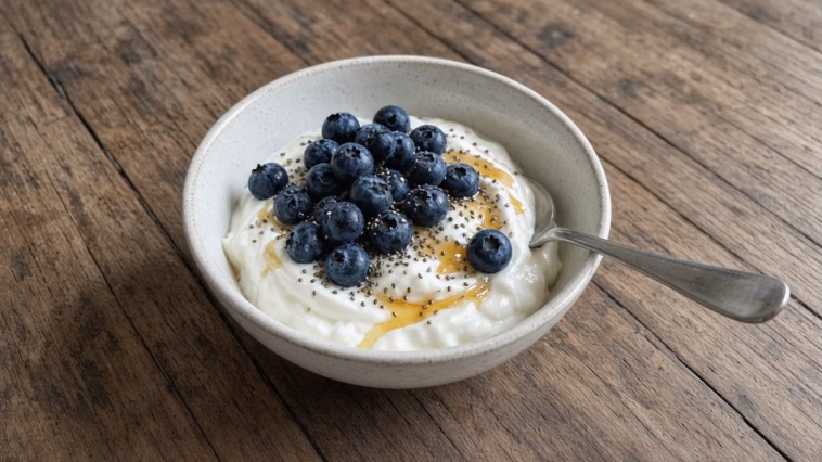 Small protein Greek yogurt bowl topped with blueberries and chia seeds