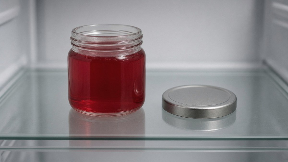 Jar of set jello in the fridge with its lid beside it