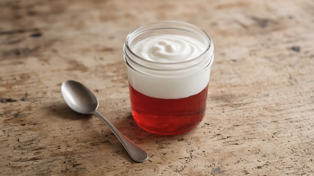 Jar of sugar-free red jello topped with smooth whipped cottage cheese