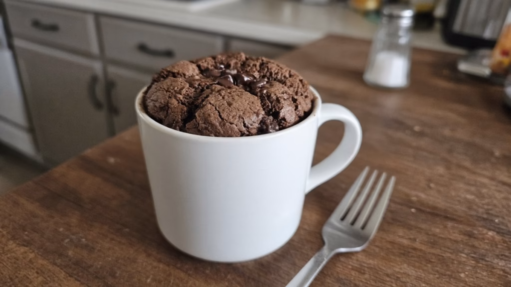 White ceramic mug with a risen chocolate protein mug cake domed slightly above the rim, a few melted mini chocolate chips on top, and a fork beside the mug on a wooden counter