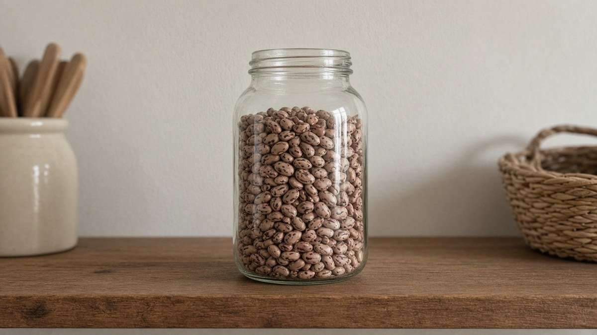 Glass jar of dry pinto beans on a wooden shelf
