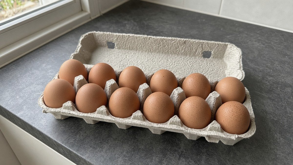 Open carton of twelve brown eggs on a kitchen counter