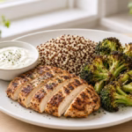 Balanced high-protein meal showing how much protein to eat per meal