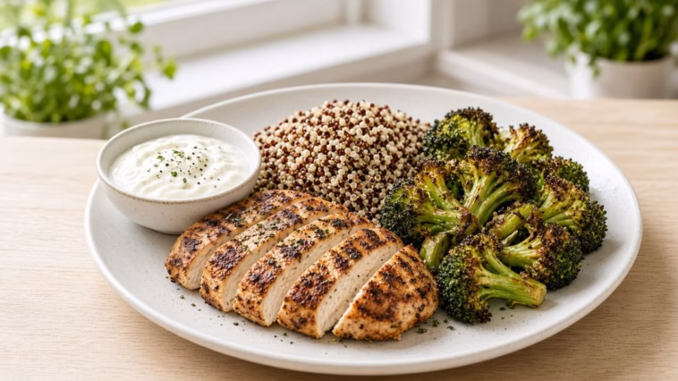 Balanced high-protein meal showing how much protein to eat per meal