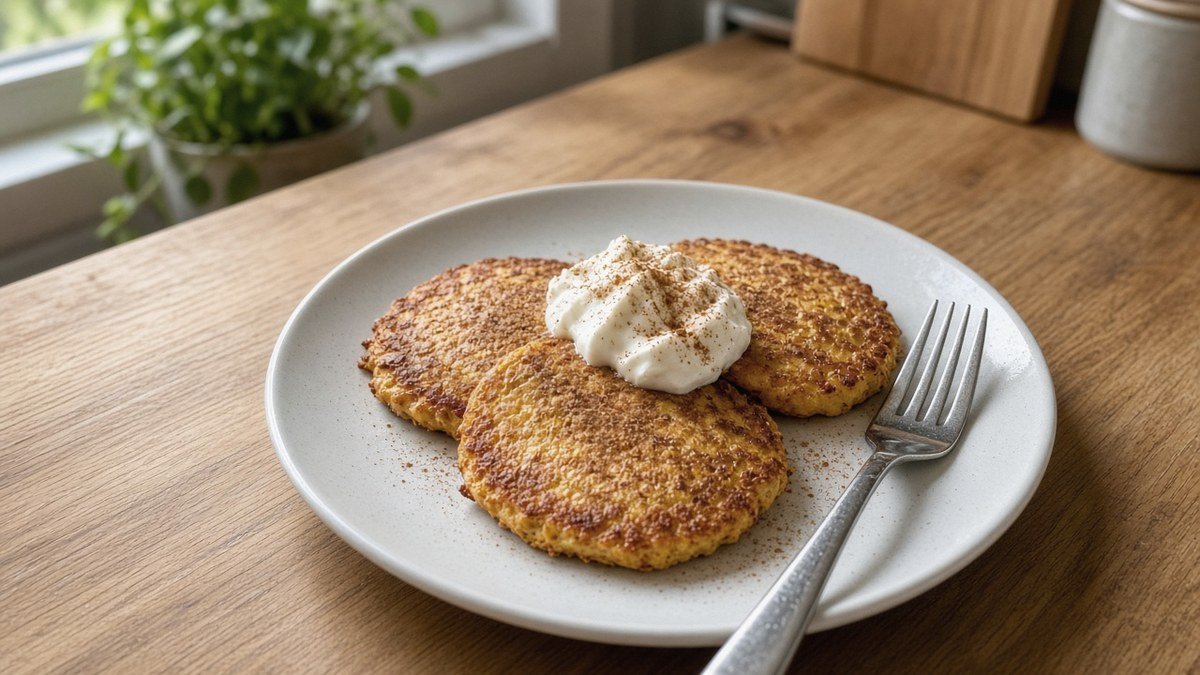 Pumpkin cottage cheese pancakes topped with Greek yogurt and cinnamon