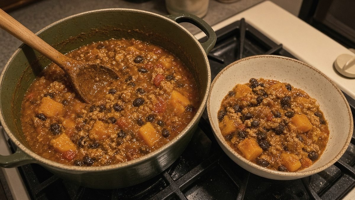 Pot of pumpkin turkey chili with black beans