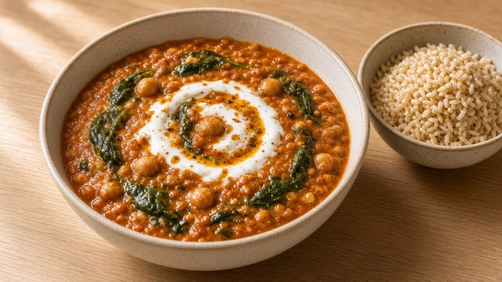 Vegetarian red lentil and chickpea curry made in a slow cooker