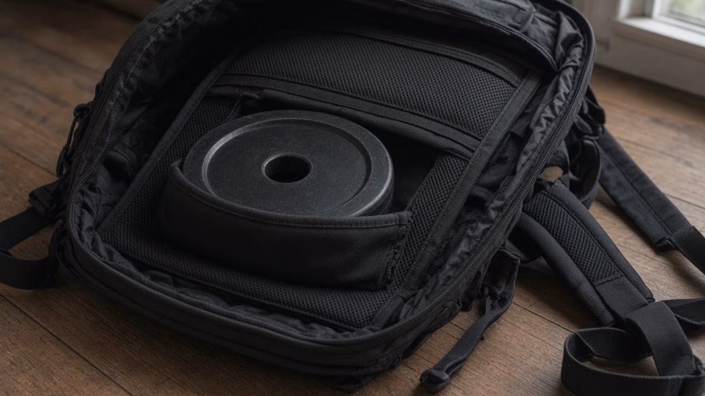 Weight plate packed high against the back panel of a rucking backpack