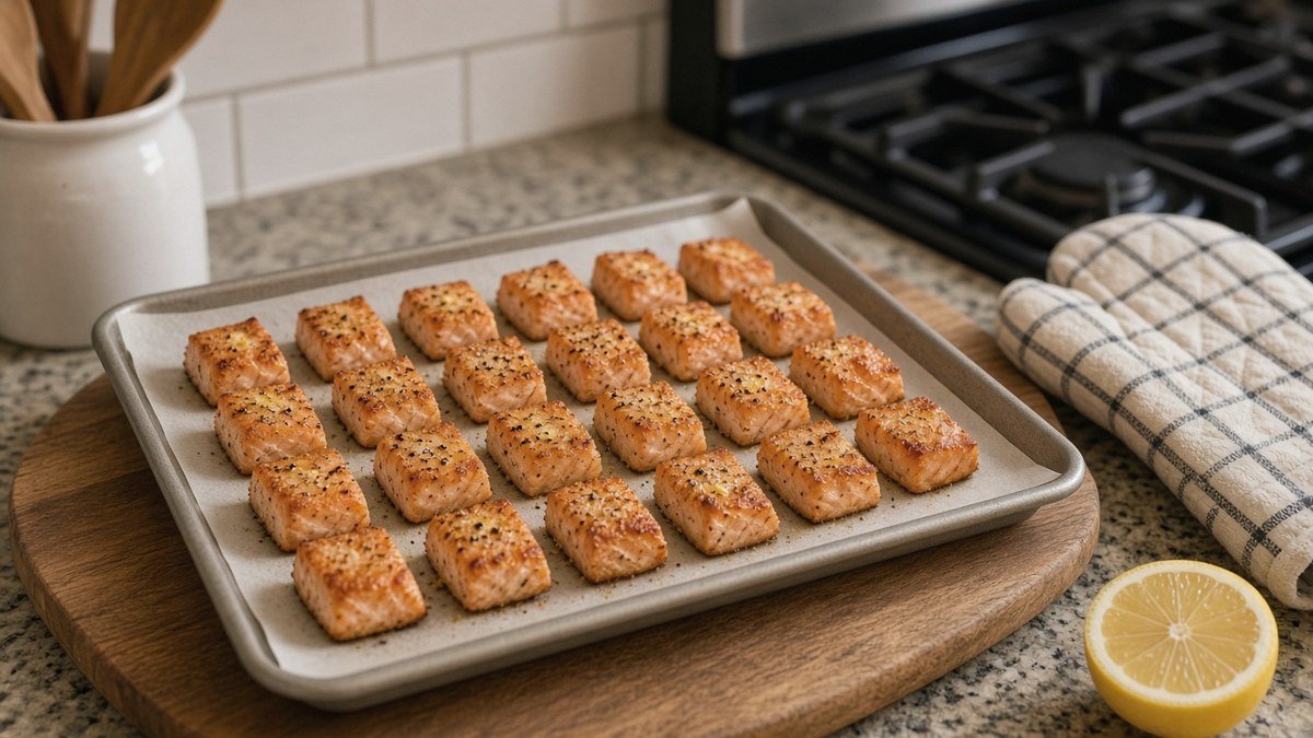 Baked salmon bites on a parchment-lined baking sheet
