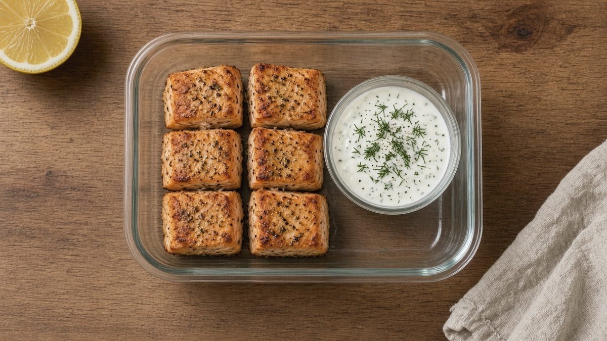 Six salmon bites and yogurt sauce in a glass meal prep container