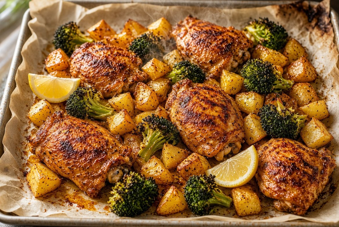 Sheet pan of roasted boneless chicken thighs with golden potato cubes and broccoli florets, lemon juice drizzled on top