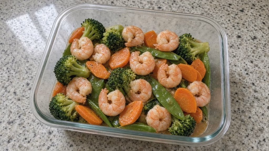 Shrimp stir-fry meal prep in a glass container