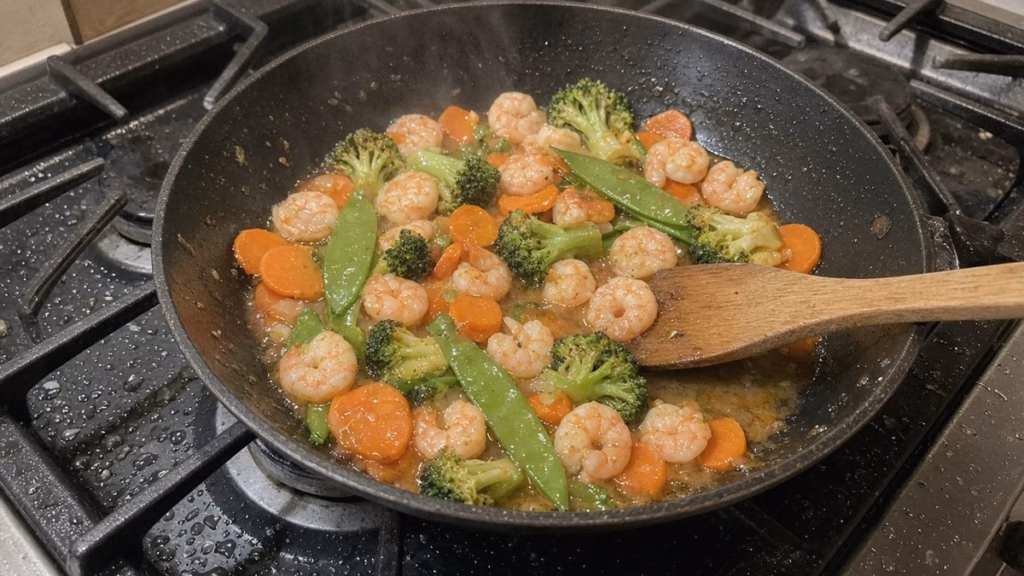 Shrimp stir-fry cooking in a skillet
