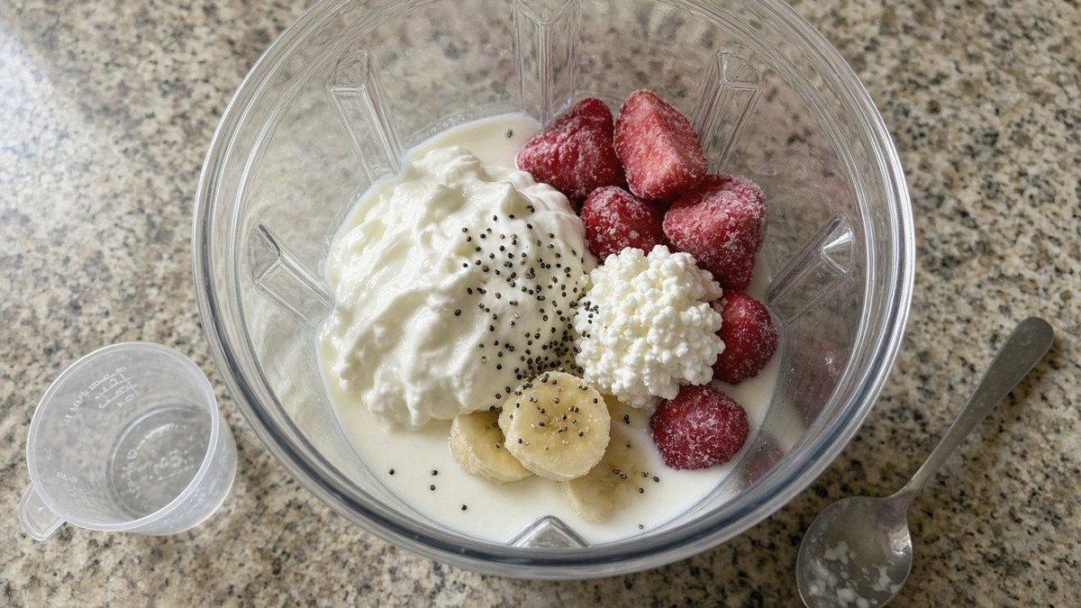 Greek yogurt, cottage cheese, milk, frozen strawberries, banana and chia seeds in a blender before blending