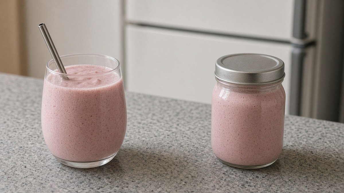 Protein smoothie split into a small glass and a lidded jar for later