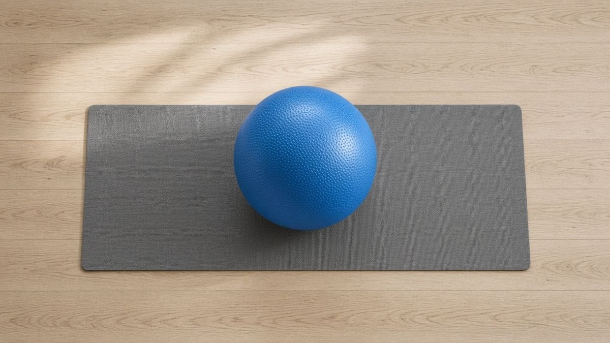 Stability ball on a non-slip mat for safe senior exercise