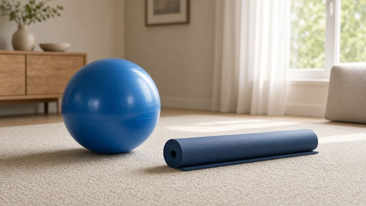 Stability ball and yoga mat for a 10-minute senior core routine