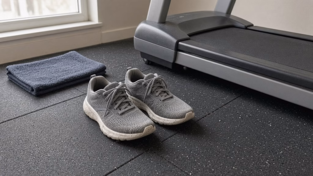 Walking shoes beside a treadmill ready for an incline walking plan