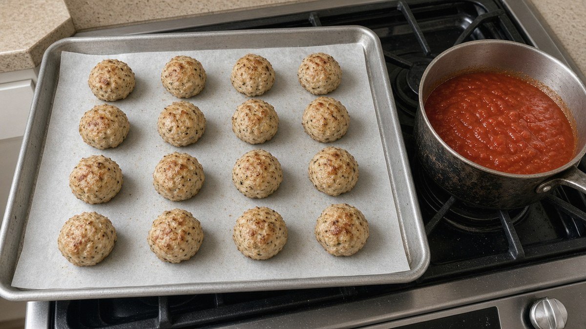 16 small baked turkey meatballs on a parchment-lined baking sheet