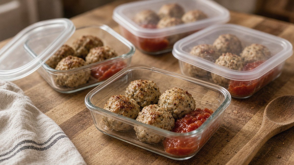 Baked turkey meatballs portioned 4 per glass container for meal prep
