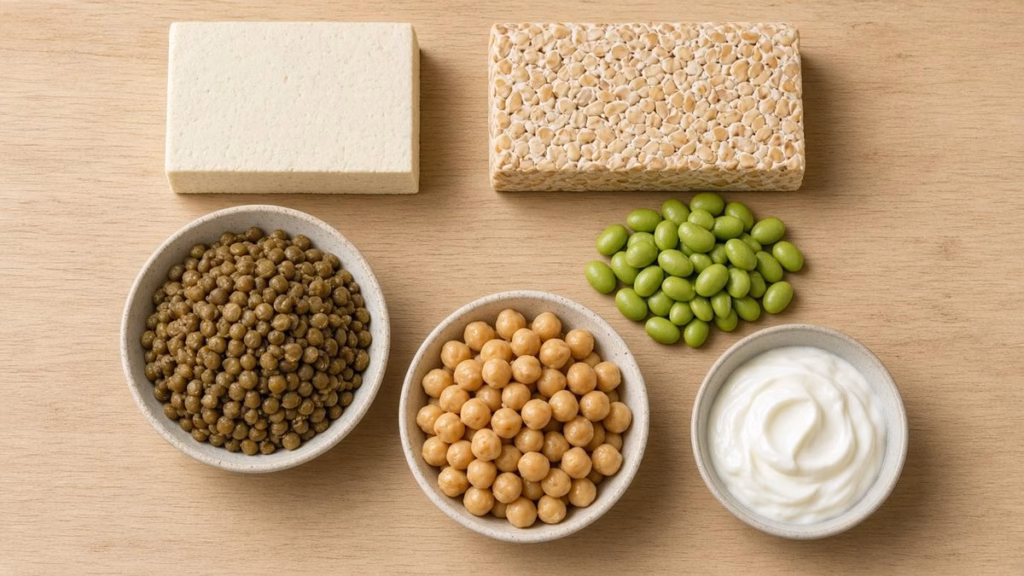 Vegetarian protein sources: tofu, tempeh, lentils, edamame and chickpeas