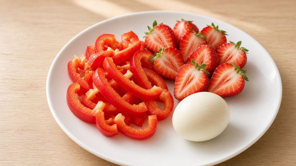 Red bell pepper and strawberries, rich in vitamin C for collagen