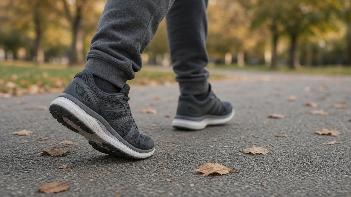 Walking sneakers mid-stride on a park path while counting daily steps