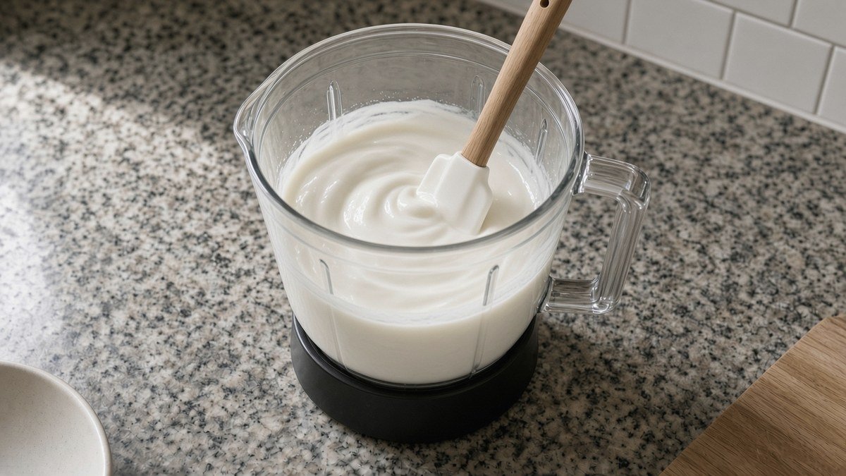 Whipped cottage cheese blended smooth in a blender jar
